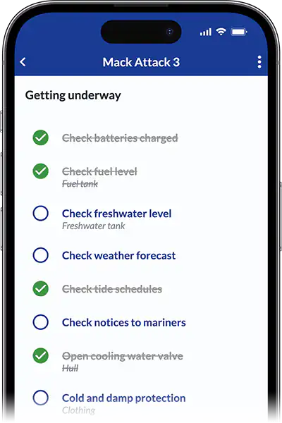 Screenshot of the mobile app Ready4Sea, showing the rundown of the checklist for getting underway, some of the tasks being already checked and others still to be done before casting off