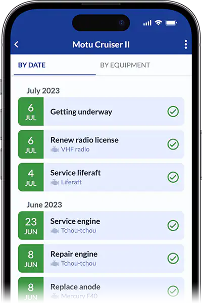 Screenshot of the mobile app Ready4Sea, showing the maintenance logbook, where tasks and jobs done on board are recorded, thereby compiling a traceable record of the boat's history