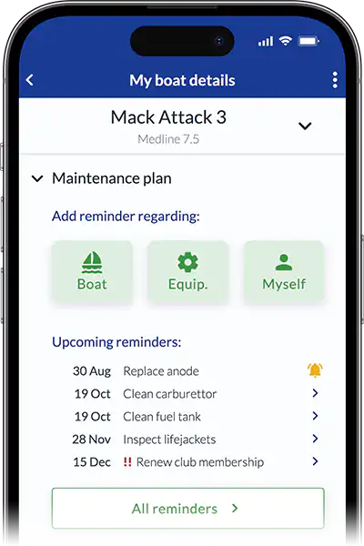Screenshot of the mobile app Ready4Sea, showing the maintenance plan, with upcoming reminders for a boat, and the means of adding a new reminder