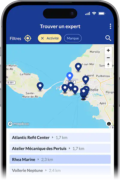 Ecran de l'appli mobile Ready4Sea, montrant la recherche géolocalisée d'experts professionnels du nautisme à proximité, avec des filtres permettant d'affiner les résultats
