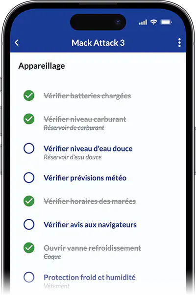 Ecran de l'appli mobile Ready4Sea, montrant le déroulé d'une checklist d'appareillage, avec certaines tâches déjà cochées et d'autres restant à effectuer avant de larguer les amarres