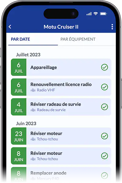 Ecran de l'appli mobile Ready4Sea, montrant le journal de maintenance, dans lequel sont consignées les tâches et interventions réalisées à bord, constituant ainsi un historique d'entretien