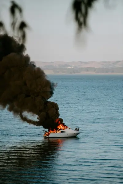 Un bateau à moteur blanc en polyester et fibre de verre est en feu et dégage un gros nuage de fumée noire sur un plan d'eau calme.