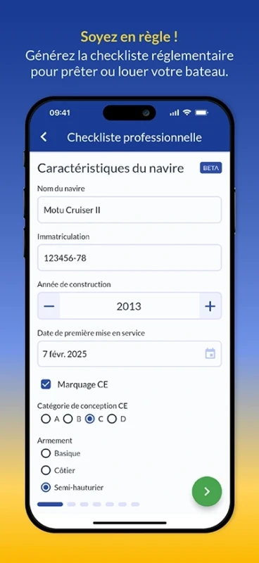Capture d'écran de l'appli mobile Ready4Sea, qui permet de générer le registre de vérification spéciale